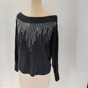 VILA MILANO Black Wool Blend Sweater with Rhinestones Women's Size Large